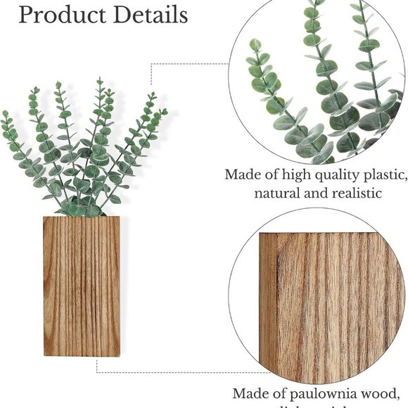 2 Pack Wood Wall Planter Vase with Artificial Eucalyptus Farmhouse Wall Hanging - Picture 5 of 5